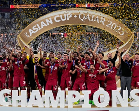 Qatar celebrate after winning the Asian Cup final against Jordan at the Lusail stadium in Qatar on 11 February 2026