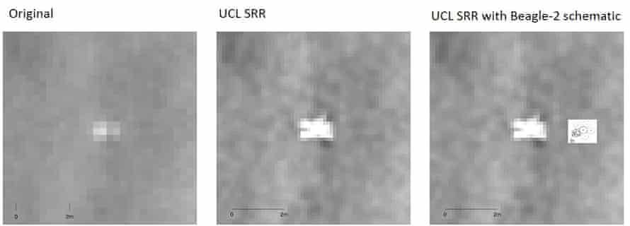 When researchers zoomed in on the ‘bright dot’ seen in the picture above, and then applied the new SRR system, the outline of what seems to be Beagle 2 became clearer.