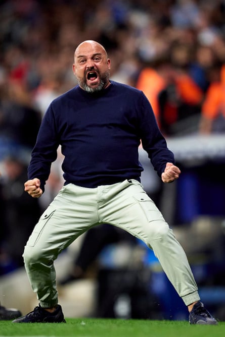 Espanyol’s coach Manolo González celebrates after Javi Puado scored his team’s injury time equaliser against Valencia in September.