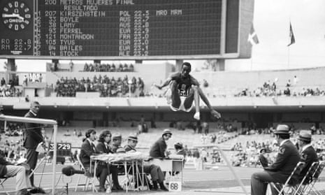 Beamon breaking the long jump world record in Mexico, 1968.