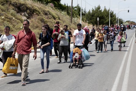 Refugees from Camp Moira in Lesbos on a protest march over conditions in the camp, May 2018