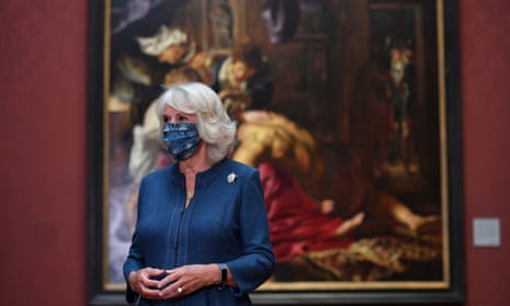 The Duchess of Cornwall delivering a speech during a visit to the recently reopened National Gallery in London today - and wearing a mask in public for the first time.