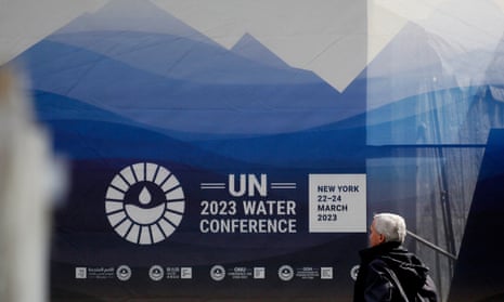 A man walks inside UN headquarters, site of the UN Water Conference, in New York City.