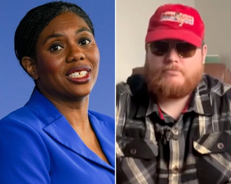 Kemi Badenoch smiling in a blue blazer beside Joshua Bonehill-Paine in sunglasses and a red cap