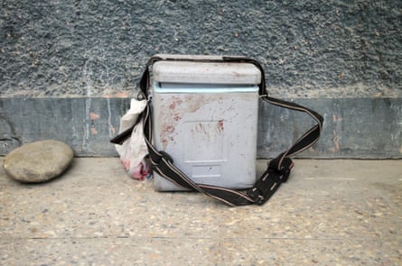 A bloodied polio vaccine box, discarded after female vaccinators were killed by gunmen in the city of Jalalabad, Afghanistan on 30 March