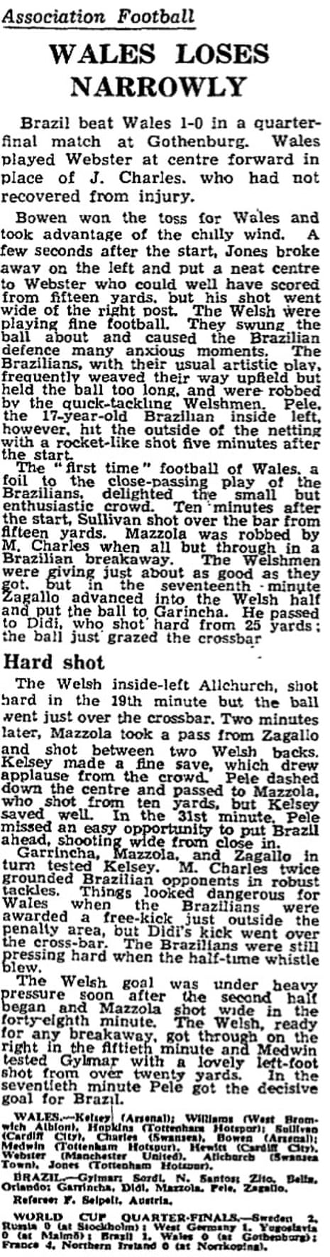 The Guardian report of Wales’ defeat to Brazil in 1958