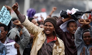 Protesters chant slogans during a demonstration over what they say is unfair distribution of wealth in the country at Meskel Square in Ethiopia’s capital Addis Ababa.