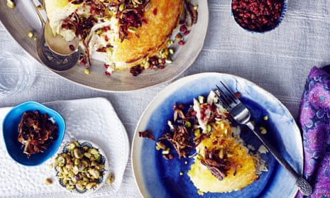 Tah-chin is an Iranian Rice cake covered with pistachios and sour barberries.