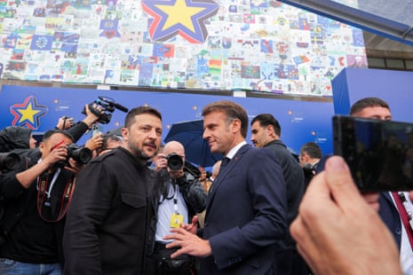 France’s President Emmanuel Macron and Ukrainian President Volodymyr Zelenskyy attend the European Political Community Summit at Skanderbeg Square in Tirana, Albania.