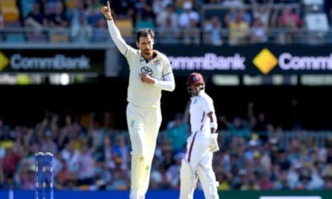 Mitchell Starc takes his third wicket, Justin Greaves for six, on day one of the Second Test v West Indies.