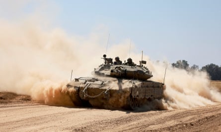 An Israeli tank at Israel’s border with Gaza