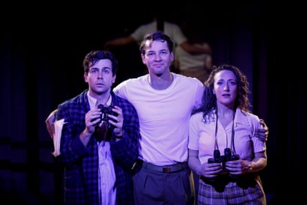 Ainsley Melham, Andrew Coshan and Elise McCann in Merrily We Roll Along, playing at the Hayes theatre, Sydney until 9 December 2021