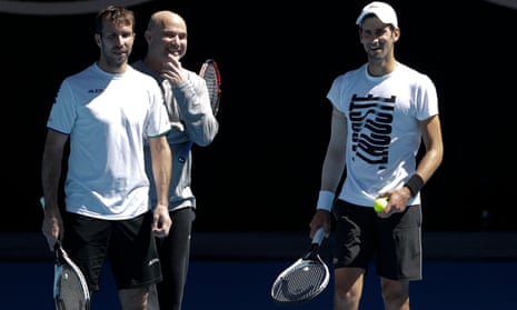 Radek Stepanek, Andre Agassi and Novak Djokovic at the Australian Open in January