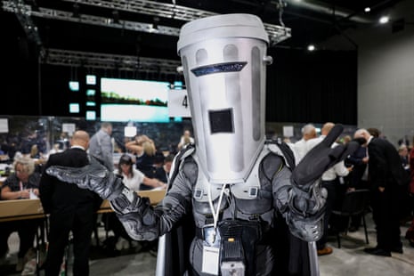 Count Binface attends the vote counting for the Makerfield byelection in Wigan, England, in June