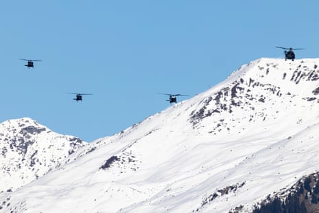 The Marine One helicopter, carrying US President Donald Trump, arrives at Davos.