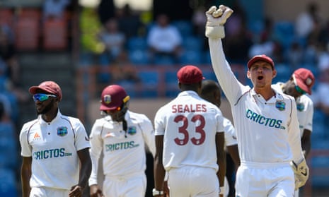 Joshua Da Silva of West Indies celebrates the final England wicket.