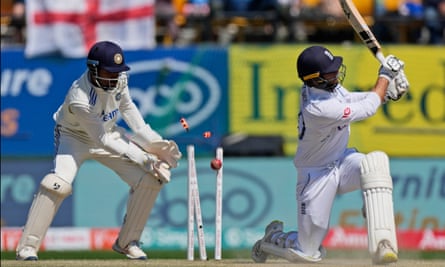 England's Ben Foakes is bowled by India's Ravichandran Ashwin on the third day of the fifth Test.