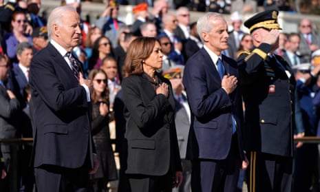 From left, Joe Biden, Kamala Harris, veteran affairs secretary Denis McDonough and Trevor Bredenkamp, commanding general of the US Military District of Washington, stand during a wreath laying ceremony at the Tomb of the Unknown Soldier at Arlington national cemetery.