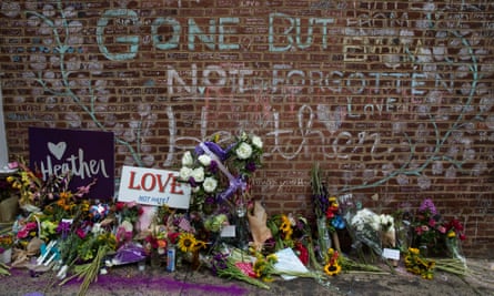 The memorial for Heather Heyer on the street where she was struck and killed last year, in downtown Charlottesville, Virginia.
