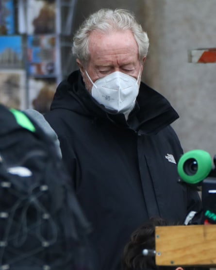 Director Ridley Scott on the set of House of Gucci in Milan.