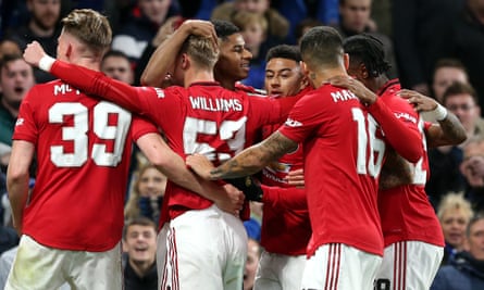 Manchester United celebrate Marcus Rashford’s goal in their Carabao Cup win at Stamford Bridge earlier in the season.