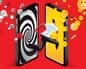 An illustration of a man leaping out of one black and white mobile phone surrounded by angry and sad emojis, and into one with a yellow screen surrounded by happy emojis