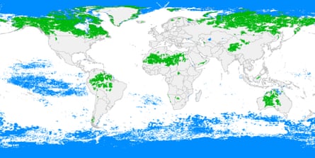 Map of the world’s remaining wilderness. Green represents land wilderness, while blue represents ocean wilderness.