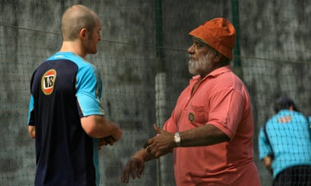 Bishan Bedi, right, talking to the Australian spinner Jason Krejza during a practice session in New Delhi, India, in 2008.