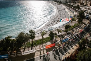 Riders traverse Promenade des Anglais in Nice during the second stage of the race.
