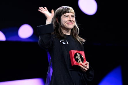 Pepa Lubojacki with the Berlinale documentary award for If Pigeons Turned to Gold.