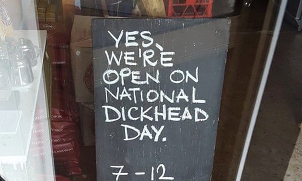 The sign chalked by Matt Chun outside his cafe in the NSW south coast town of Bermagui on Australia Day in 2016.