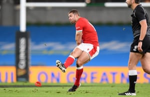 Leigh Halfpenny of Wales kicks a penalty.