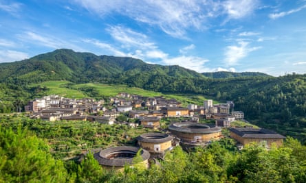Aerial view of Chuxi Tulou cluster in Fujian, China.