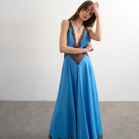 Topshop v-neck satin slip dress with chocolate brown contrast lace inserts in cornflower blue
