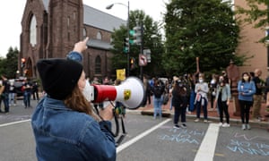 Protesters called for change and chalked “Wake up, Mitch” in front of US Senate majority leader and Kentucky Republican Mitch McConnell’s residence in Washington yesterday.