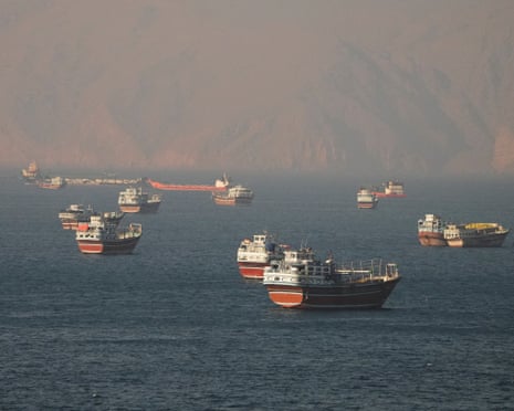 Vessels at the strait of Hormuz as seen from Musandam, Oman, on Monday