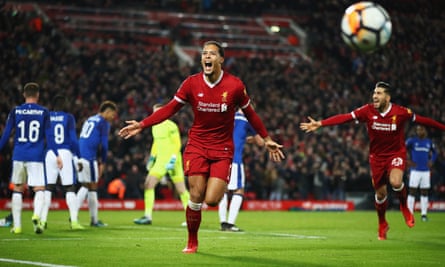 Virgil van Dijk celebrates scoring for Liverpool on 5 January 2018, the month in which he was pictured on Southampton’s official calendar.