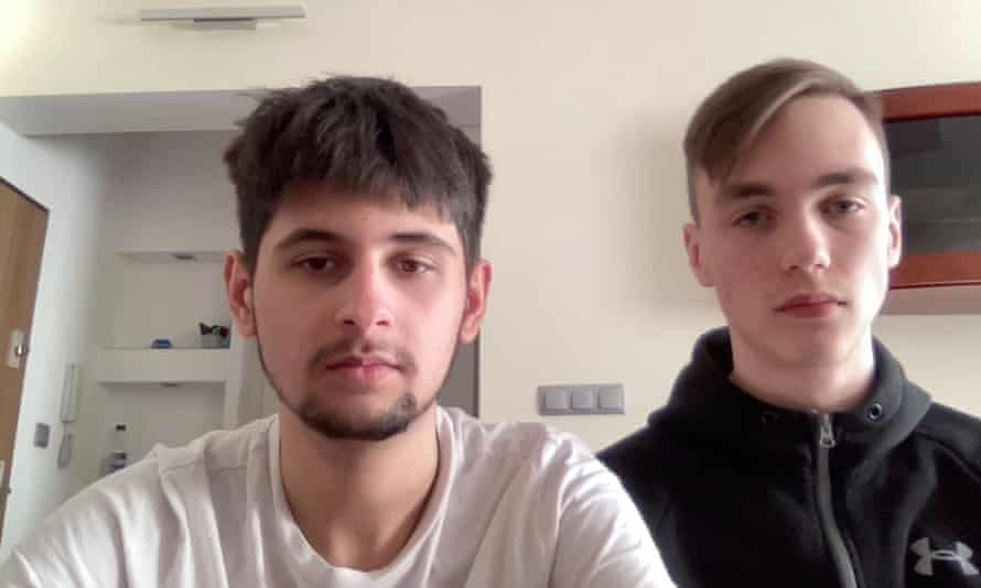 Kostiantyn Levyk (left) and Sasha Pascal, both 17, who are sofa surfing in Poland waiting to come.