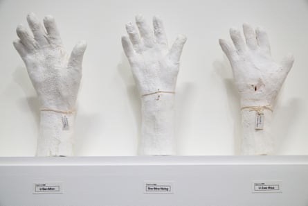 Three hands made from gypsum plaster with the people’s names labelled underneath