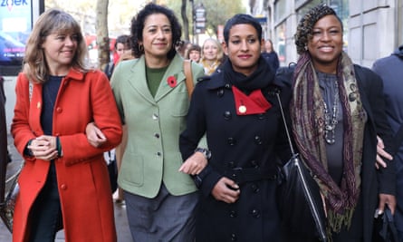 Arriving at her employment tribunal (second from left) in London in November last year with supporters including fellow presenter Naga Munchetty (to her left).