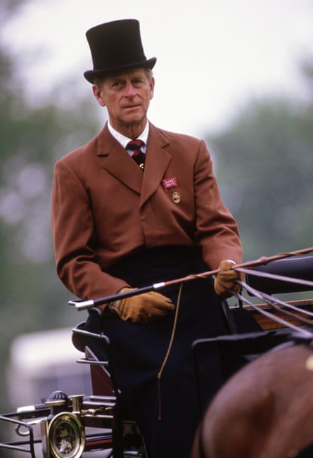 The Duke of Edinburgh competing in the dressage section of the carriage driving event at the Windsor Horse Show in 1987.