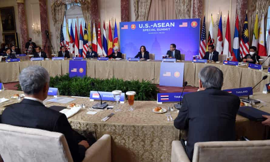 US vice president Kamala Harris (C), with deputy secretary of state Wendy Sherman (C L) and national security advisor to the vice president Philip Gordon (C R), at a working lunch with the leaders of ASEAN countries in Washington.