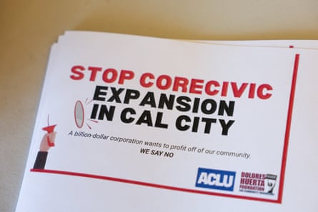 a flyer reads ‘stop corecivic expansion in Cal city’
