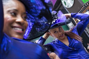 Women wait to perform during a free outdoor event organized by The Broadway League during Juneteenth celebrations at Times Square on Saturday June 19 2021 in New York