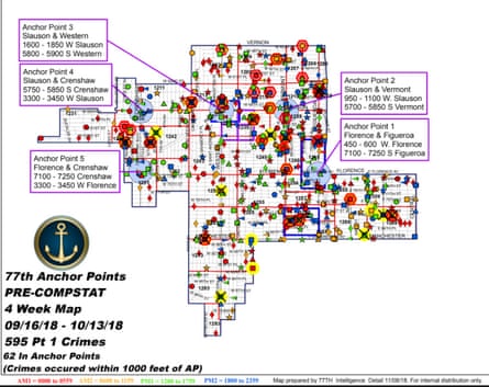 LAPD map from 2018 specifying Nipsey Hussle’s The Marathon Clothing store as an anchor point.
