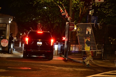 View of security preparations underway outside the White House prior to King Charles’ visit.