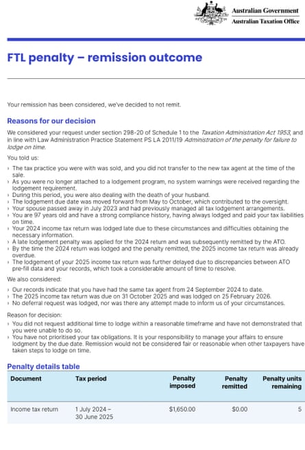 For 97-year-old taxpayer story. ATO rejection letter.