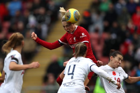 Sophie Roman Haug goes up for a header for Liverpool against Tottenham