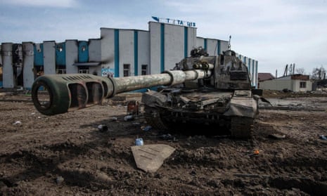 A Russian self-propelled artillery gun destroyed following a battle in the town of Trostyanets, Sumy region