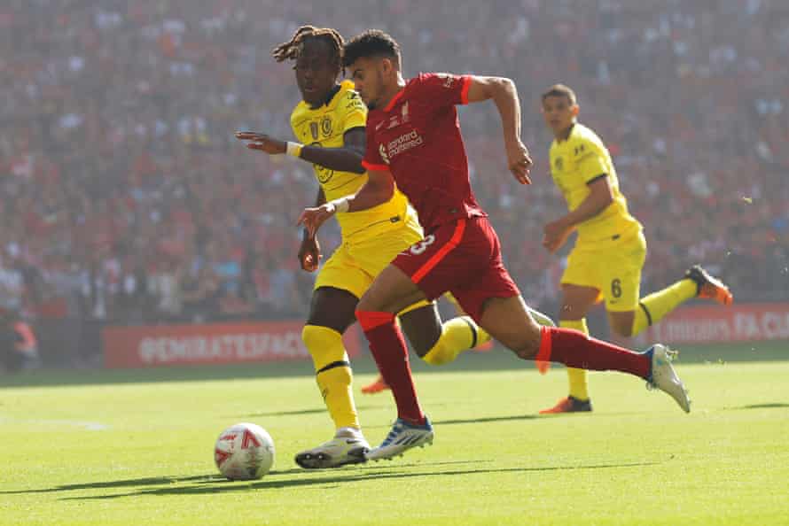 Liverpool's Luis Díaz goes past Chelsea's Trevoh Chalobah (left) before firing a shot in the early stages of the 2022 FA Cup final between Chelsea and Liverpool.
